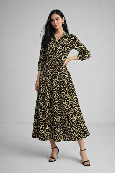 Rich Γυναικείο μαύρο και κίτρινο φόρεμα με ελαστική μέση και κουμπιά