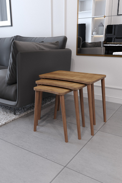 Zuesse Dizayn Zigon Sehpa & Yan Sehpa 3'lü Ahşap Ayaklı Sehpa - Ceviz