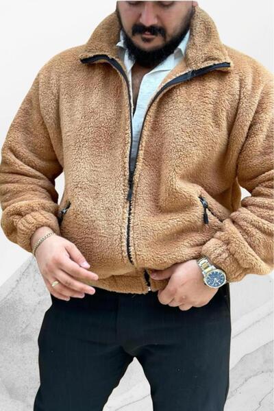 CAST COLLECTİON Men's Camel Cinnamon Zippered Plush Jacket