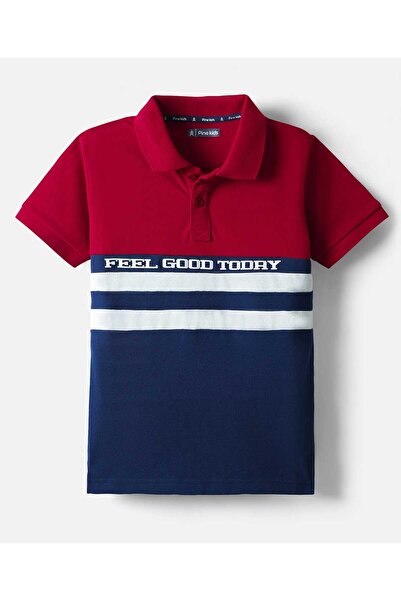 Pine kids Polo Shirt With Feel Good Today Text Print - Navy Blue & Red