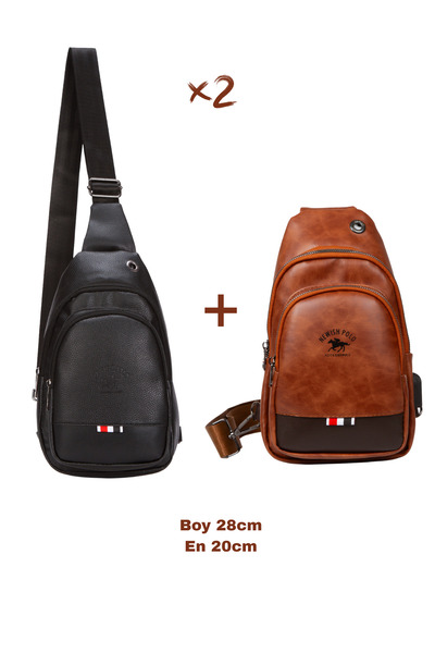 NEWISH POLO ACCESSORIES Black-Tan Leather Unisex Crossbody Bag Chest Bag Shou...