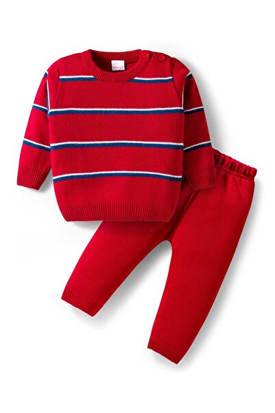 Babyhug Knit Full Sleeves Striped Pullover Sweater and Pants Set - Red & Navy...