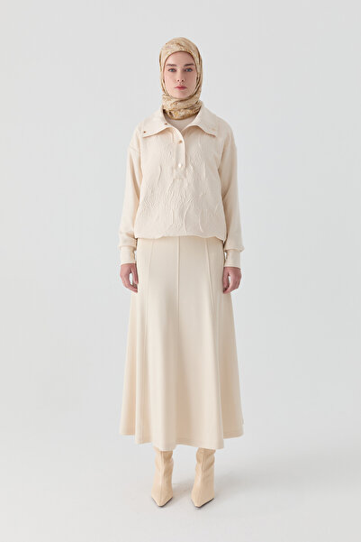 Tuğba Sekiz Parçalı Bel Örme Etek - Ekru