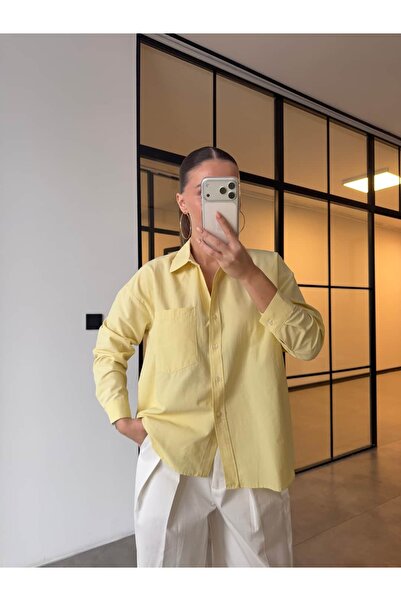 BB Bensu Buyruk TEK CEPLİ SARI OVERSİZE POPLİN GÖMLEK