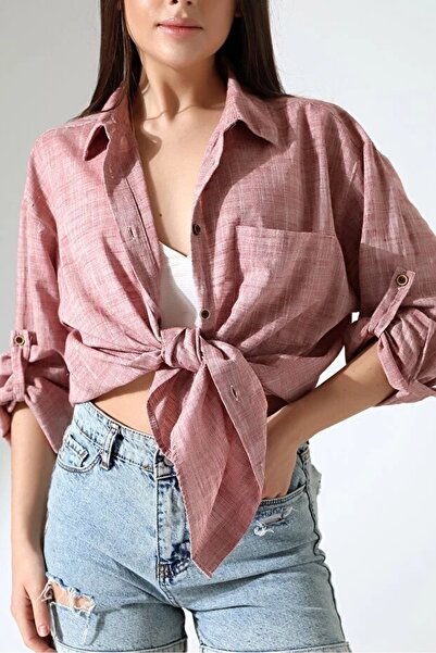 Corradeo Giyim قميص كتان قصة فضفاضة للسيدات – وردي باهت