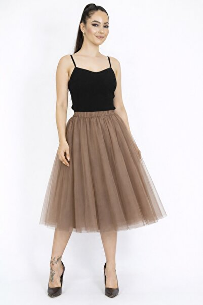 SUNEH Fusta tutu pufoasă maro, cu 3 straturi, lungime 65 cm, pentru femei, fu...