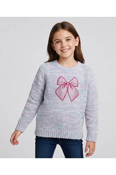 Pine kids Knit Full Sleeves Pullover Sweater with Glittery Bow Design - Multi...
