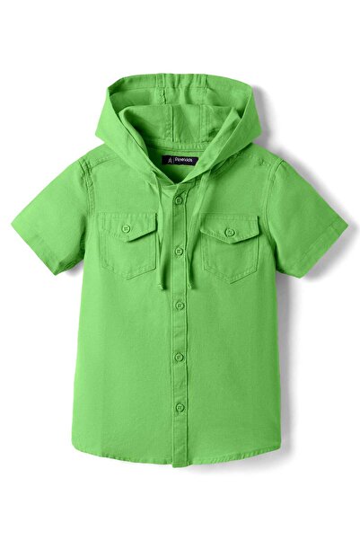 Pine kids Cotton Woven Half Sleeves Solid Hooded Shirt - Lime Green