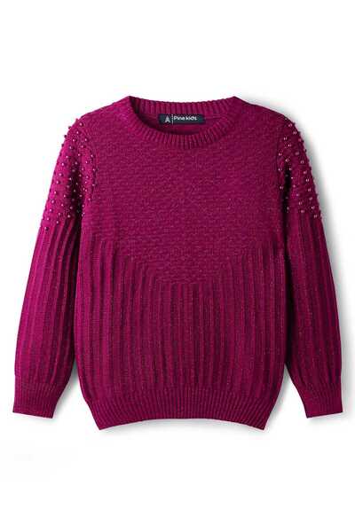 Pine kids Knit Full Sleeves Pearl Embellished Pullover Sweater - Dark Pink