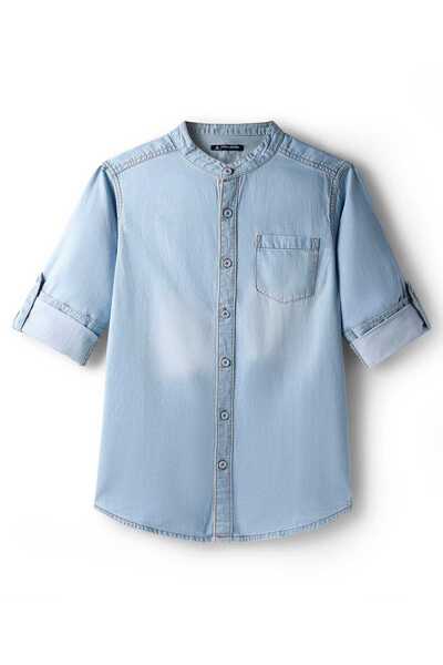 Pine kids قميص جينز منسوج بياقة ماندرين وأكمام طويلة مغسولة - أزرق فاتح