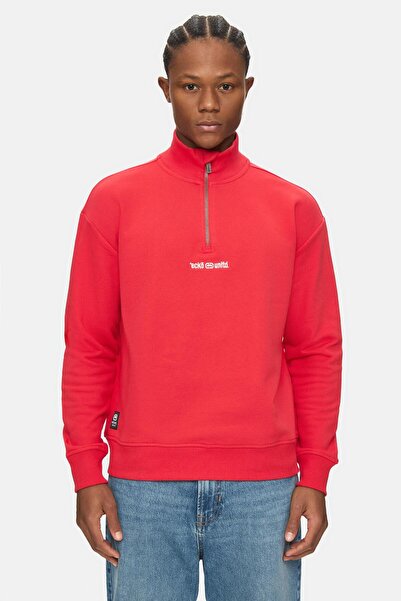ecko unltd. Myndus Red Mock Neck Half Zipper Embroidered Loose Fit Men's Swea...