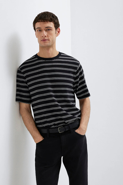 Mavi تي شيرت رجالي قطني مخطط بأكمام قصيرة M0613134 أسود