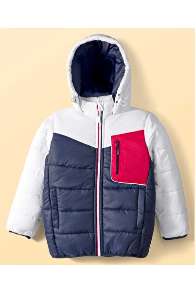Pine kids Woven Full Sleeves Solid Padded Hooded Jacket - Navy Blue/White