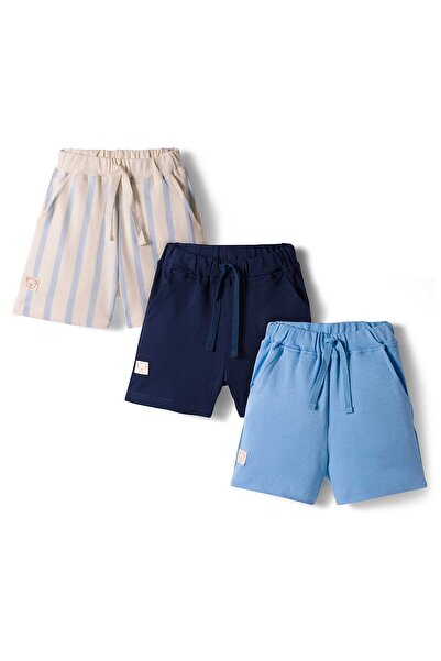 Bonfino 100% Cotton Striped and Bear Patched Shorts (Pack of 3) - Cream and Blue