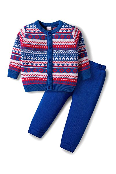 Babyhug Knitted Full Sleeves Front Open Sweater & Pants Set with Geometric De...