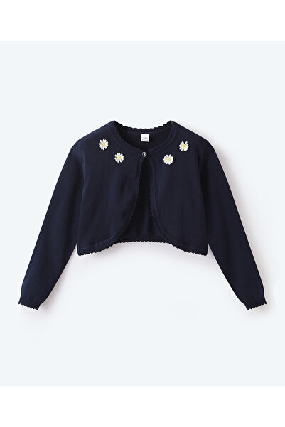 SAPS Floral Embroidered Front Open Sweaters - Navy