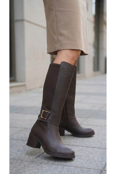 Moda Lime Kadın Kahverengi Diz Altı Tokalı Esnek Streç Arka Kalın Topuk Şık G...