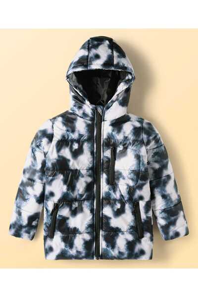 Pine kids جاكيت مبطن بغطاء رأس مطبوع ربطة العنق وأكمام طويلة - أزرق داكن