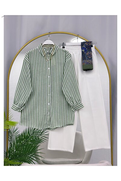 YEDİLALE Striped Sports Long Shirt Straight-Leg Pants Double Set [Excluding S...