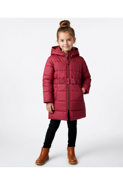 Pine kids جاكيت بغطاء رأس بلون موحد، بأكمام طويلة منسوجة، مزود بحزام - عنابي