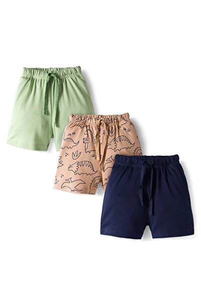 Bonfino 100% Cotton Knit Solid and Dino Printed Shorts Pack of 3 - Peach/Navy...