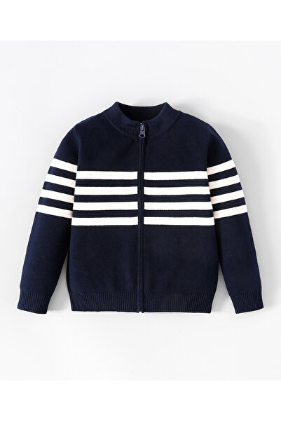 SAPS Striped Front Open Sweater - Navy