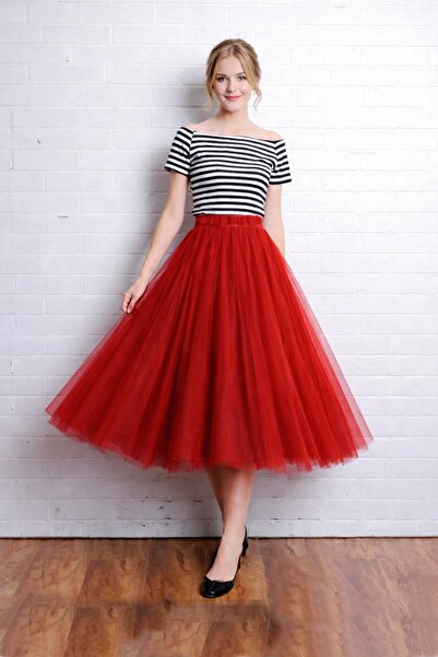 SUNEH Kırmızı 3 Katman 75 cm Uzunluk Midi Kabarık Fermuarlı-Beli Lastikli Rah...