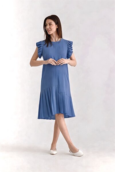 Desen Hamile Giyim Mavi İncili Kısa Hamile Elbise