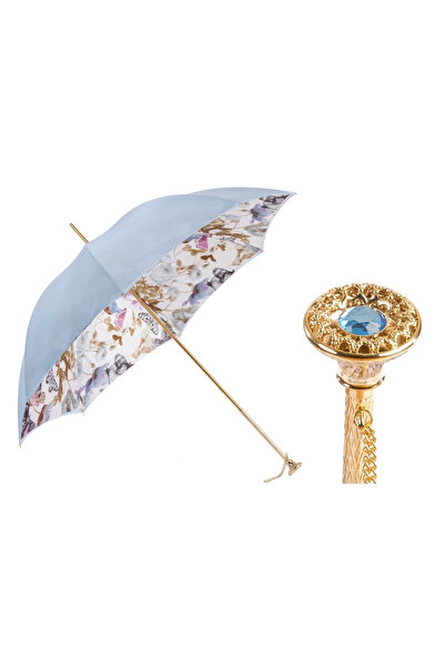 PASOTTI Kelebek Desenli Açık Mavi Doğa Şemsiyesi, Çift Katlı Kumaş Manuel Açm...