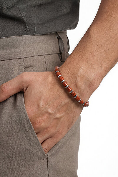 OSMANLI GÜMÜŞ Men's Steel Bracelet - Red Jasper Natural Stone Steel Bracelet