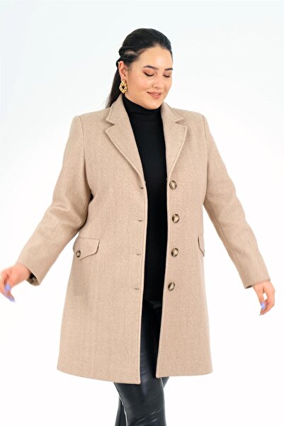 Roxxlen Plus size women's collar furry buttoned beige coat