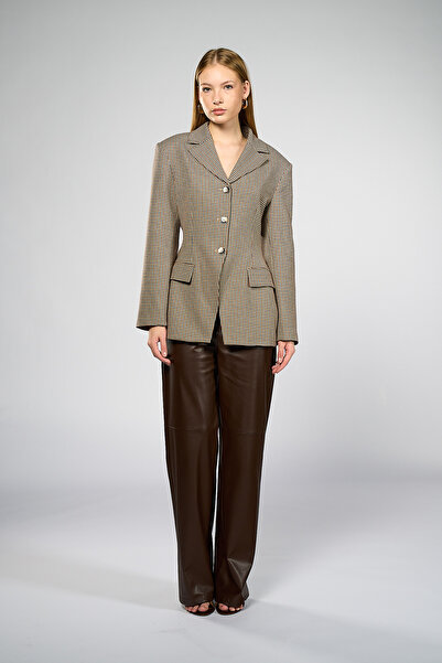 Thalure Women's Cream Waist-Fitted Gingham Blazer