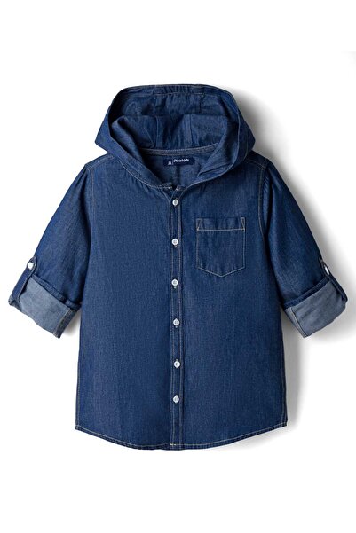 Pine kids Denim Woven Full Sleeves Solid Color Hooded Shirt - Navy Blue