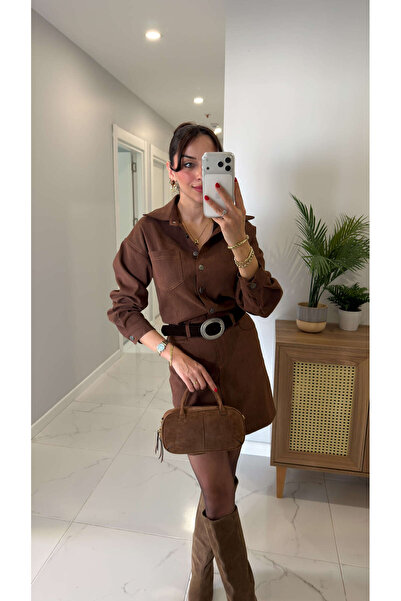 BİRCANÇİL Yanwi Taba Premium Buttoned Belt Detailed Dress