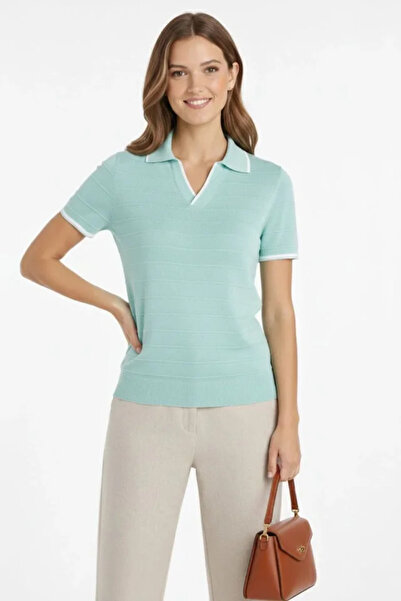 JANES Knitwear Fabric Collared Buttonless Open Collar Corded Fabric Short Sle...