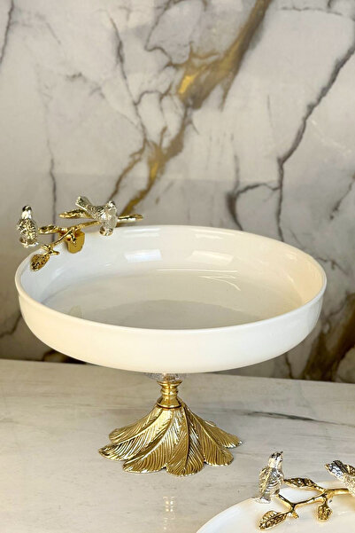 MAY HOME Çift Kuş Detaylı Ayaklı Porselen Sunumluk Kase