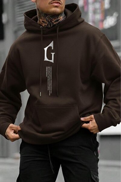 NO 601 Men's Brown g Vertical Printed Hooded Winter Sweatshirt