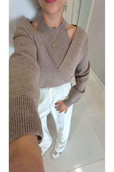 BİRCANÇİL Sorris Beige V-Neck Double Knitwear