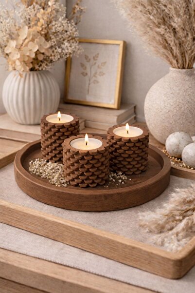 BUBUHOMEDECOR 3'lü Tabaklı Şamdanlık veya Mumluk Kahve Rengi