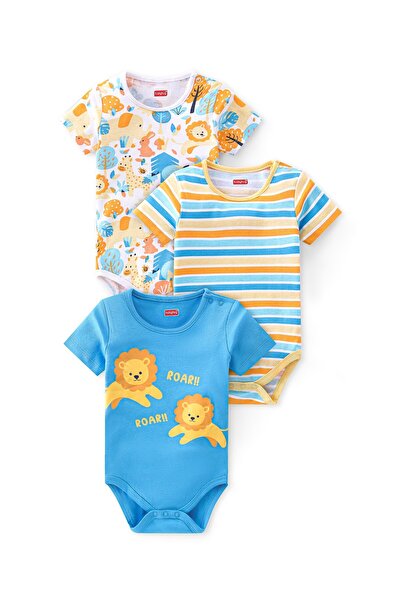 Babyhug 100% Cotton Knit Half Sleeves Onesies With Animals Print & Striped (P...