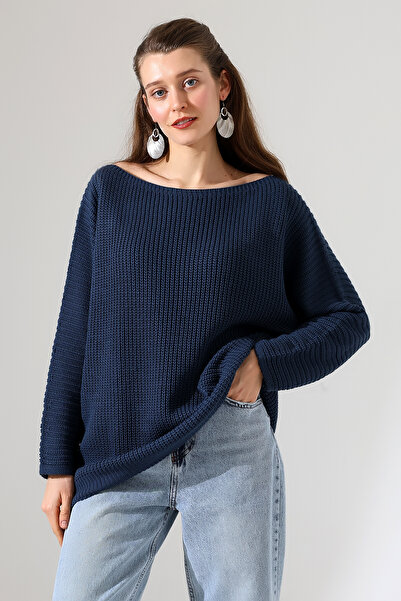 Devinka Women's Navy Blue Oversized Casual Comfortable Fit Boat Neck Knitwear...