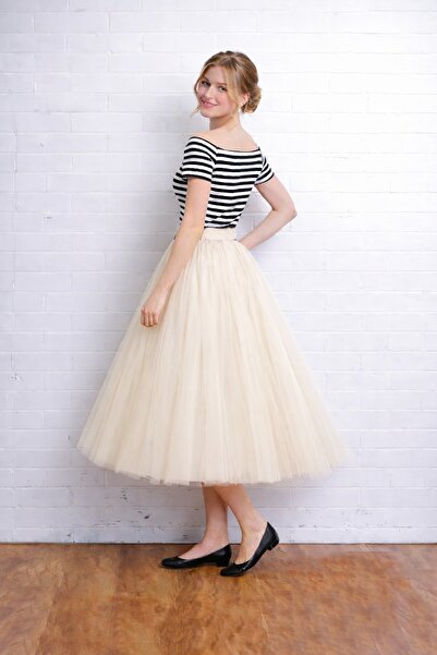 SUNEH Εκρού 3 στρώσεων 75 εκ. Μήκος Μίντι Φουσκωτό με φερμουάρ-Ελαστική μέση ...