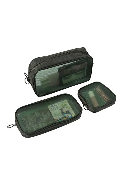 JZS Mesh Makeup Bag Set Travel Cosmetic Toiletry Pouch with Zipper Green 3PCS
