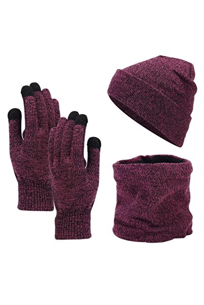 Bukela Winter Beanie Hat Scarf Touchscreen Gloves Set Warm Knit 3 Piece Red