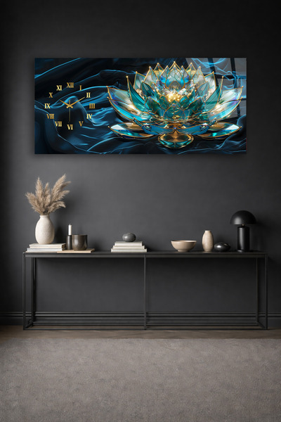 Olinpa KIRILMAZ CAM DUVAR SAATİ , HEM TABLO HEM SAAT MAVİ ALTIN LOTUS ÇİÇEĞİ ...