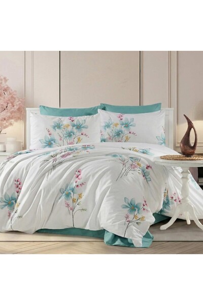 Pucioasa 4-piece sheet set 240x270 cm made of 100% satin cotton, Turquoise fl...