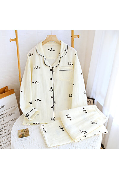 delis Women's "Panda Print" two-piece pajamas, PJ007, Cream