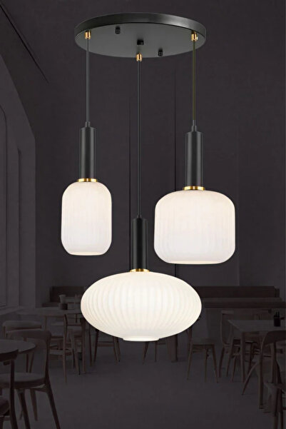 RONİSU AYDINLATMA Rustik Modern Opal Beyaz Camlı 3'lü Sarkıt Avize