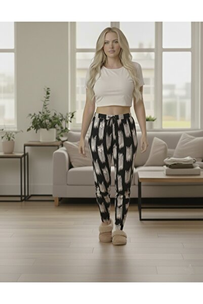 THEBEK Women's Viscose Trousers Relaxed Fit Black and White Pattern