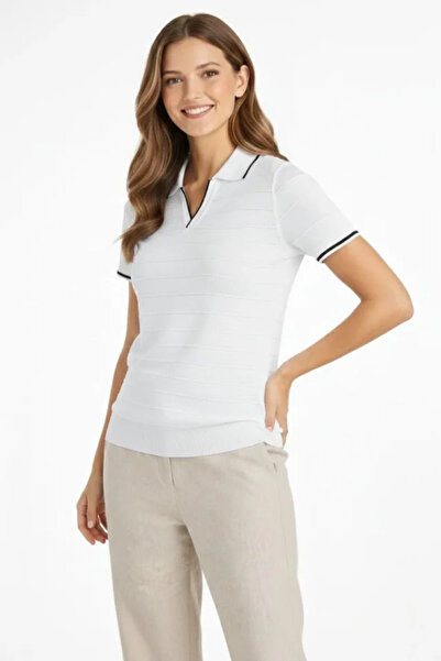 JANES Knitwear Fabric Collared Buttonless Open Collar Corded Fabric Short Sle...